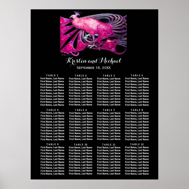 ELEGANT PEACOCK Black Pink Hochzeitstabelle Poster (Vorne)