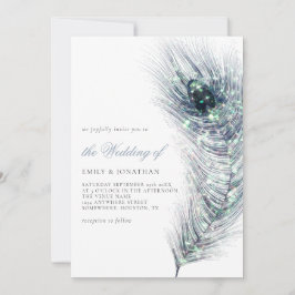 Elegant Peacock Feather Aquamarin Blue Script Wedd Einladung