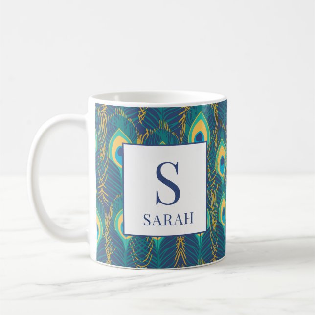 Elegant Peacock Feather Monogram Custom Name Mug Kaffeetasse (Links)