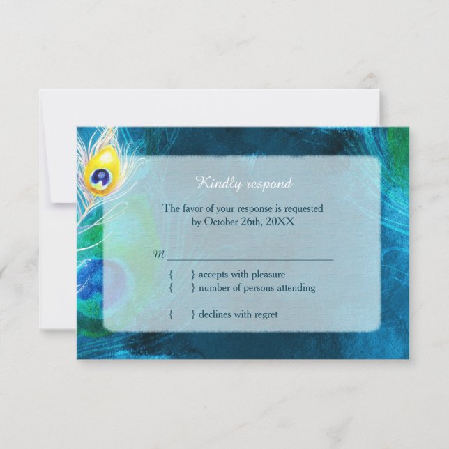 Elegant Peacock Feathers Blue Wedding RSVP (Vorderseite)