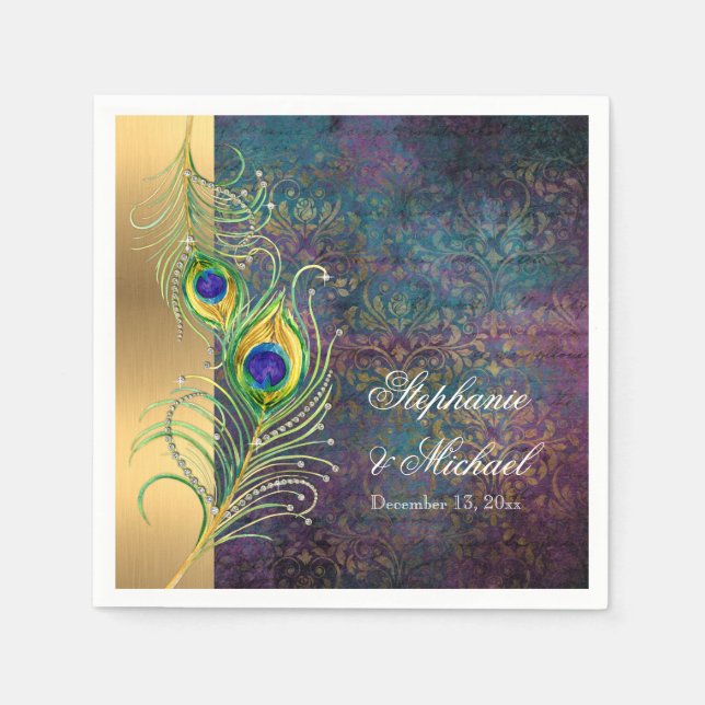 Elegant Peacock Feathers Jewel Scrolls Wedding Serviette (Vorderseite)