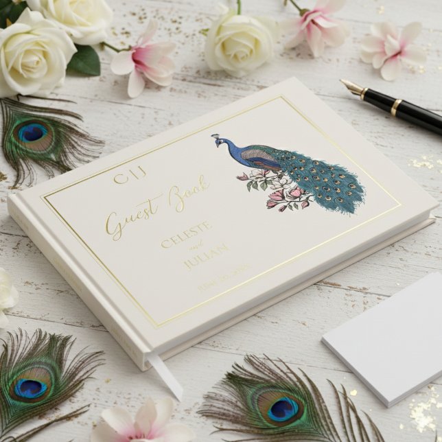 Elegant Peacock Foto Wedding Guest Book Gästebuch (Elegant Modern Floral Peacock Wedding Guest Books. Trendy Bird, Ornate Teal Feathers, Chic Gold Foil)