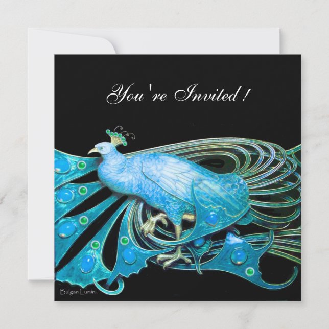 ELEGANT PEACOCK IN BLAU SCHWARZ AQUAMARINE WEDDER  EINLADUNG (Vorderseite)