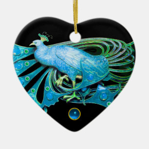 ELEGANT PEACOCK IN BLAUEN SAPPHIRE HERZ KERAMIKORNAMENT