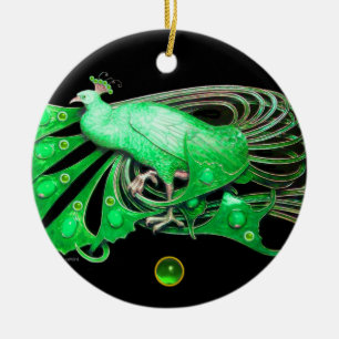 ELEGANT PEACOCK IN GREEN EMERALD KERAMIKORNAMENT