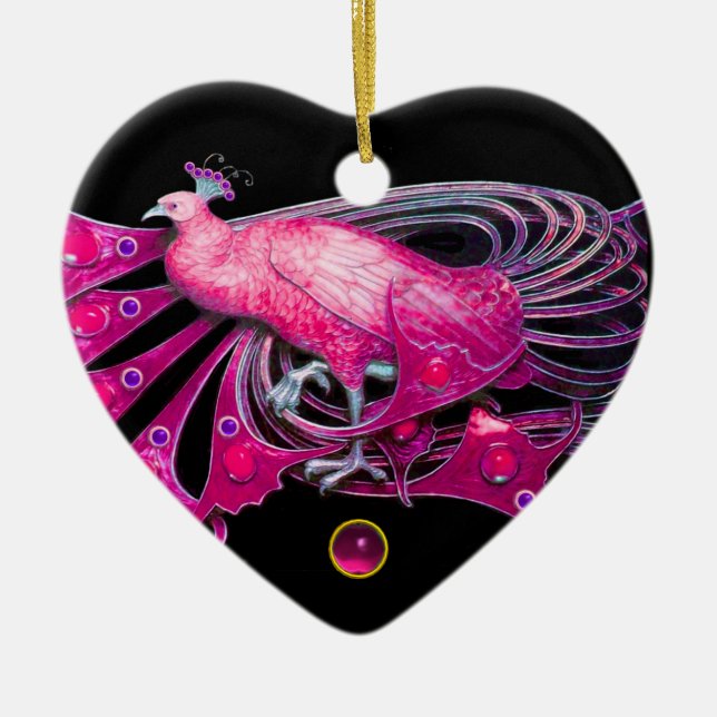 ELEGANT PEACOCK IN PINK FUCHSIA AMETHYST HERZ KERAMIK ORNAMENT (Vorne)