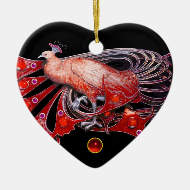 ELEGANT PEACOCK IN RED RUBY HERZ KERAMIKORNAMENT (Vorne)