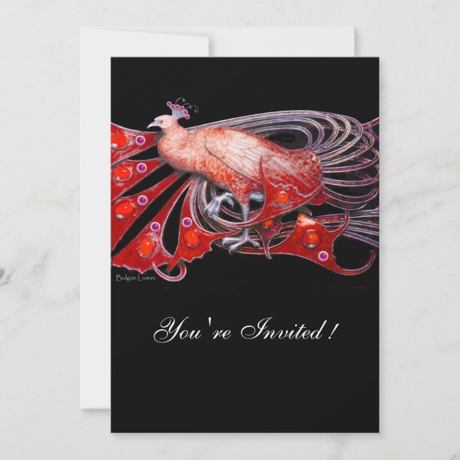 ELEGANT PEACOCK IN ROT UND SCHWARZ WEDD PARTY EINLADUNG (Vorderseite)