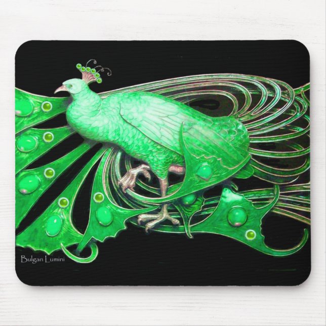 ELEGANT PEACOCK JEWEL IN EMERALD GREEN BLACK MOUSEPAD (Vorne)