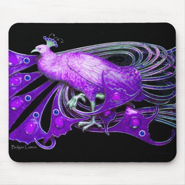 ELEGANT PEACOCK JEWEL IN LILA SCHWARZ MOUSEPAD (Vorne)