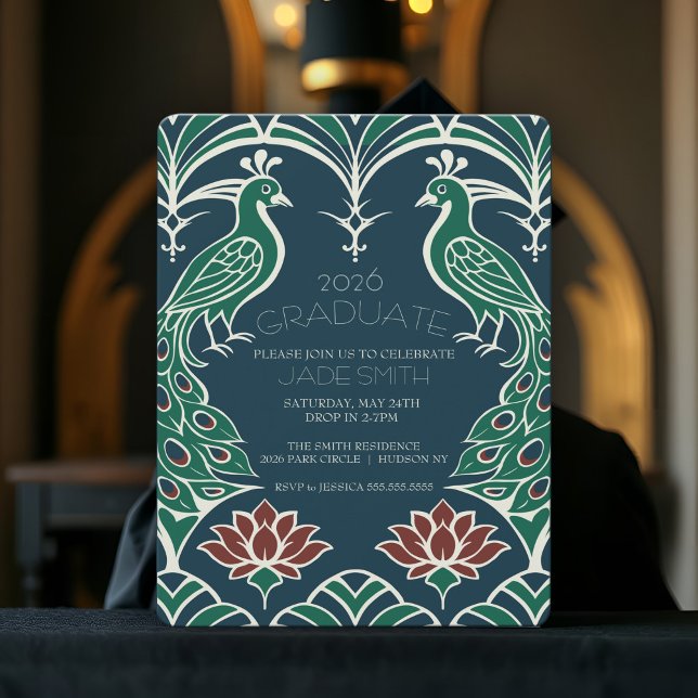 Elegant Peacock & Lotus Class Cafè Lugano Abschlus Einladung (Art deco graduation invitation with elegant peacock and lotus design, in dark rich blue green & red)