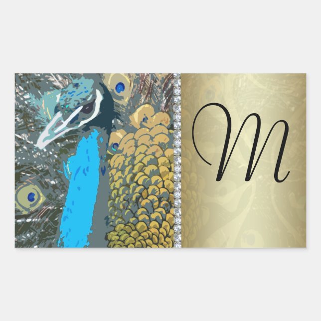 Elegant Peacock mit Imitaten Jewels Monogram M Rechteckiger Aufkleber (Vorderseite)
