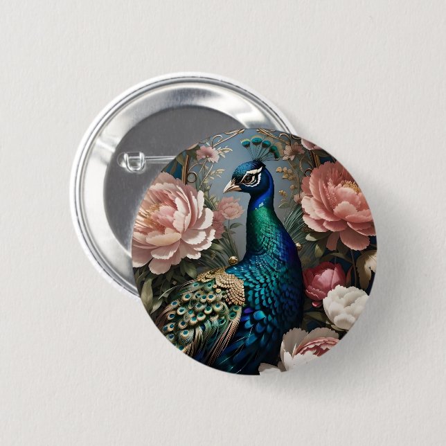 Elegant Peacock Pink Peonies Button (Vorne & Hinten)