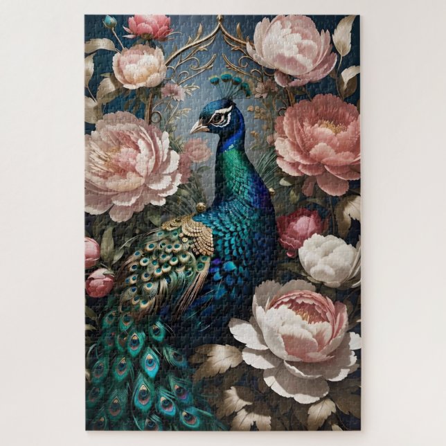 Elegant Peacock Pink Peonies Puzzle (Vertikal)
