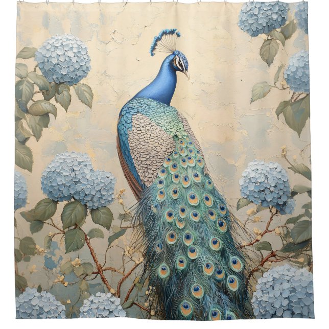 Elegant Peacock with Blue Hydrangeas Oil Painting Duschvorhang (Vorderseite)