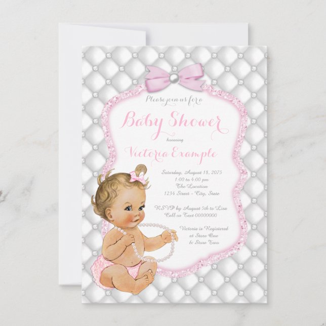 Elegant Pearl Bow Baby Shower Einladung (Vorderseite)
