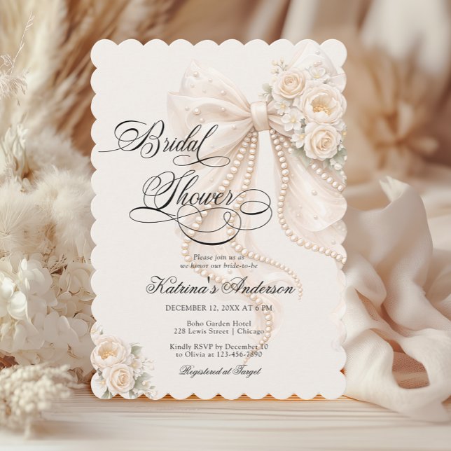 Elegant Pearl Bow Floral Bridal Shower  Einladung (Von Creator hochgeladen)