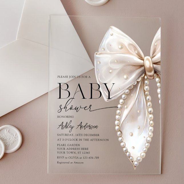 Elegant Pearl Bow Girl Baby Shower Acryleinladungen (Von Creator hochgeladen)