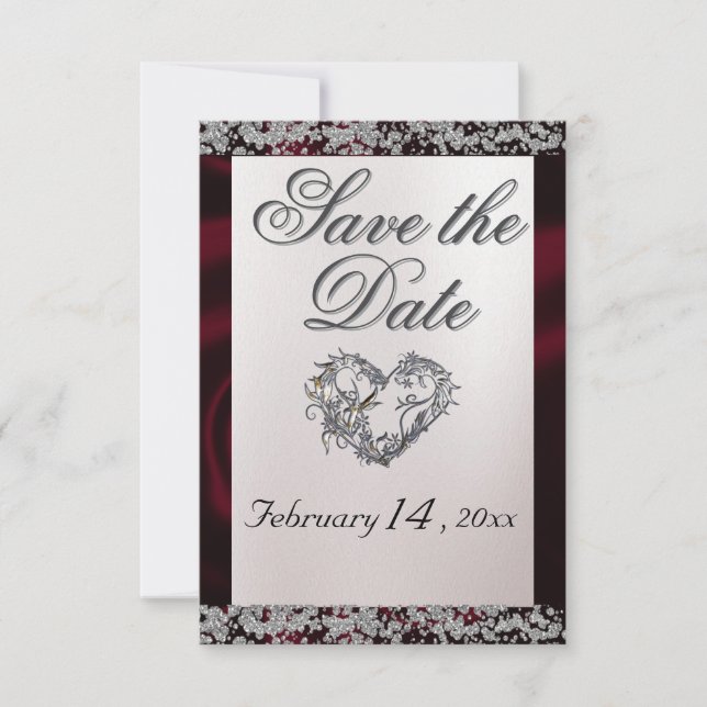 Elegant Pearl, Burgund Ribbon & Sparkle Save The Date (Vorderseite)