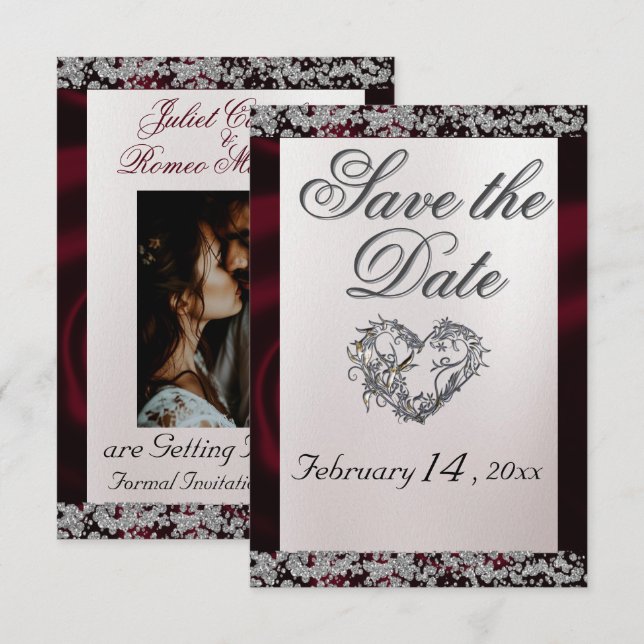 Elegant Pearl, Burgund Ribbon & Sparkle Save The Date (Vorne/Hinten)