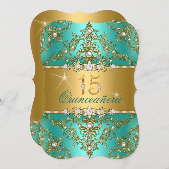 Elegant Pearl Damask Jade Quinceanera Einladung (Vorne/Hinten)
