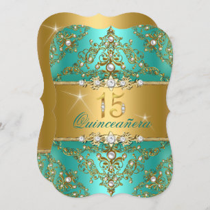 Elegant Pearl Damask Jade Quinceanera Einladung