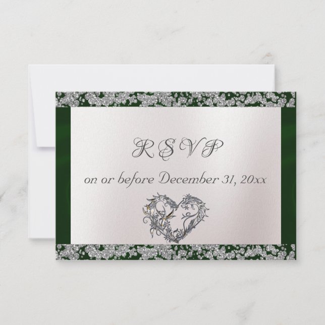 Elegant Pearl, Emerald Ribbon & Sparkle RSVP Karte (Vorderseite)
