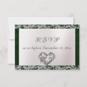 Elegant Pearl, Emerald Ribbon & Sparkle RSVP Karte