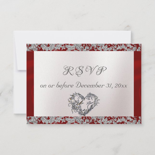 Elegant Pearl, Red Ribbon & Sparkle RSVP Karte (Vorderseite)