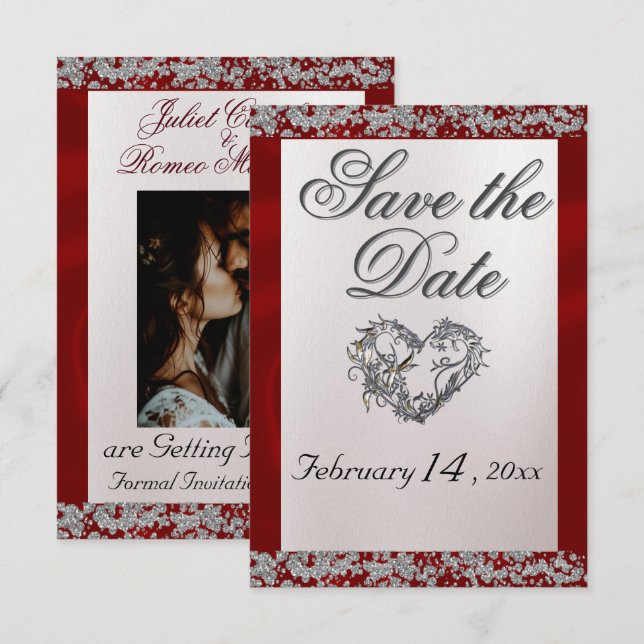 Elegant Pearl, Red Ribbon & Sparkle Save The Date (Vorne/Hinten)