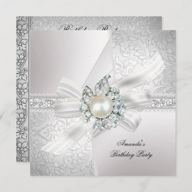 Elegant Pearl White Silver Geburtstagsparty Einladung (Vorne/Hinten)