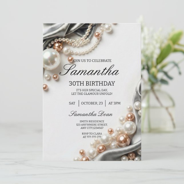 Elegant Pearls and Satin 30th Birthday Invitation Einladung (Stehend Vorderseite)