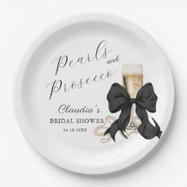 Elegant Pearls & Prosecco Black Bow Bridal Shower Pappteller