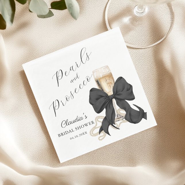 Elegant Pearls & Prosecco Black Bow Bridal Shower  Serviette (Pearls & Prosecco Bridal Shower Black Bow Napkin)