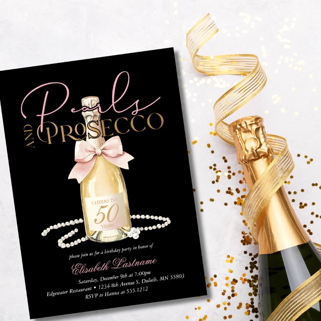 Elegant Pearls & Prosecco Pink Bow 50th Birthday Einladung (Elegant Pearls & Prosecco Pink Bow 50th Birthday Invitation)