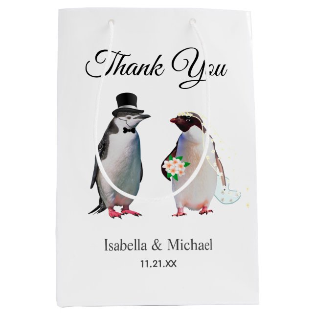Elegant Penguin Couple Danke für Hochzeit Mittlere Geschenktüte (Vorderseite)