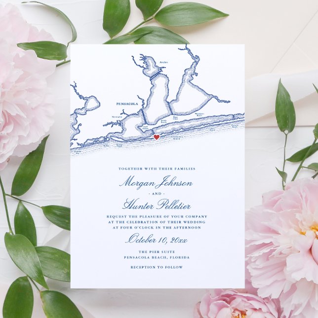Elegant Pensacola Beach FL Map Wedding Einladung (Elegant Pensacola Beach FL Wedding Invitations with navy blue map by Coastal Map Designs)