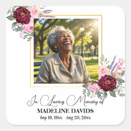 Elegant Peonies Photo Funeral Quadratischer Aufkleber