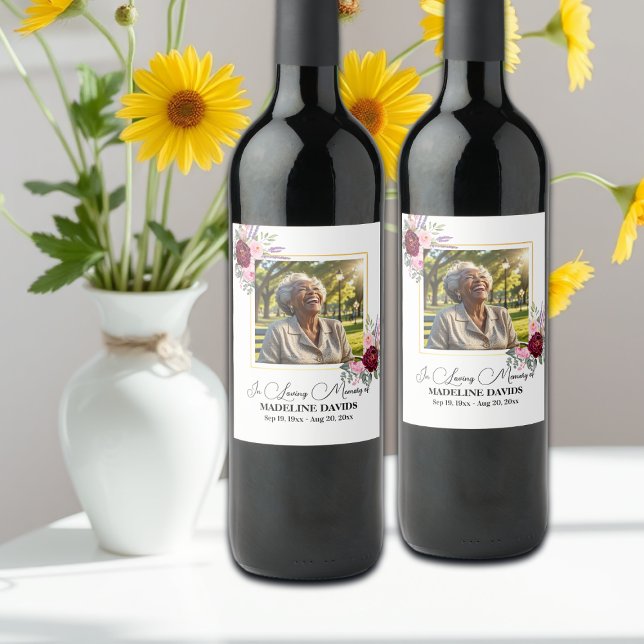 Elegant Peonies Photo Funeral Weinetikett (Von Creator hochgeladen)