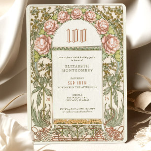 Elegant Peony 100 Celebration Art Nouveau Mucha Einladung