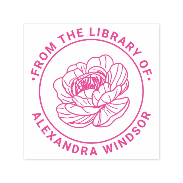 Elegant Peony Bloom Library Name Permastempel (Design)