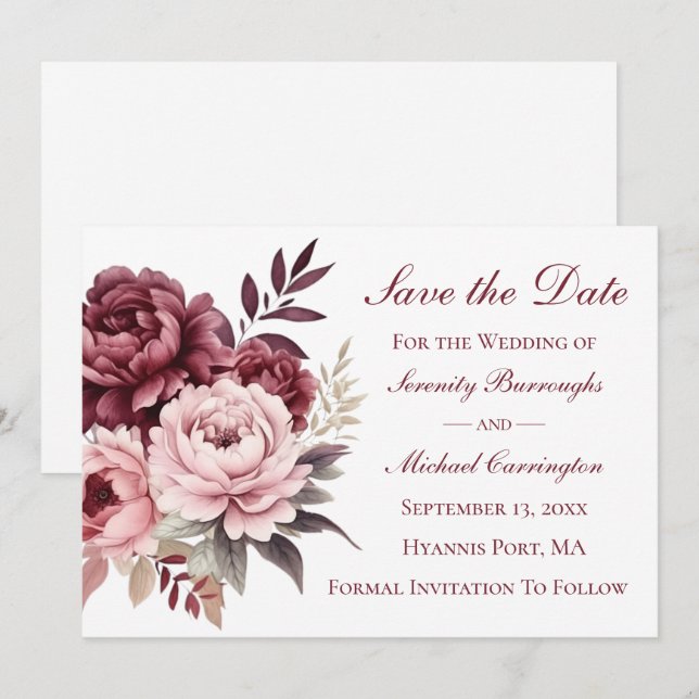 Elegant Peony Burgundy Peony Save the Date Wedding Einladung (Vorne/Hinten)
