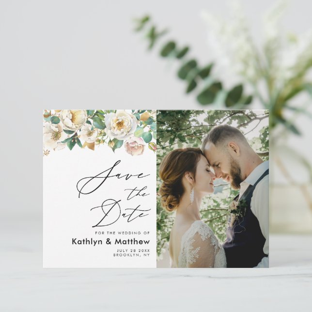 Elegant Peony Floral Greenerity Script Foto Weddin Save The Date (Stehend Vorderseite)