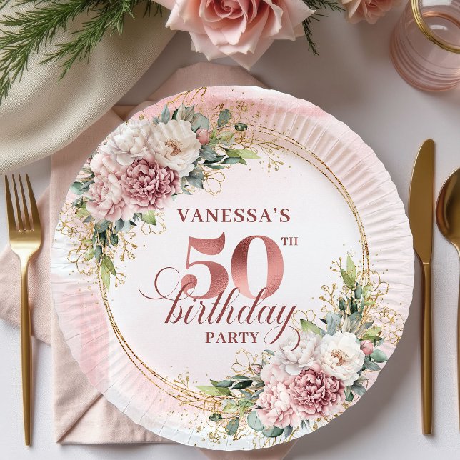 Elegant Peony Greenery Rose Gold 50th Birthday  Pappteller (Elegant Peony Greenery Rose Gold 50th Birthday Plates)