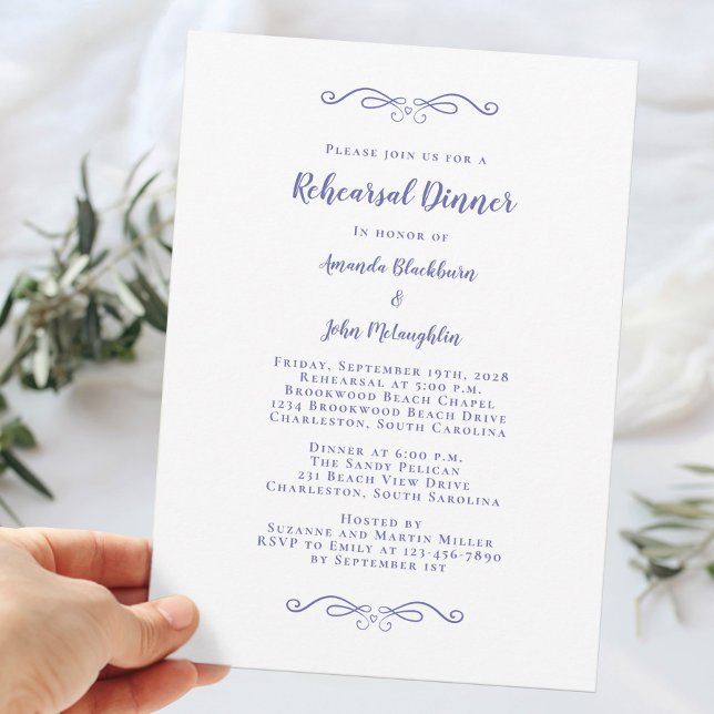 Elegant Periwinkle Blue Wedding Probe Dinner Einladung (Elegant Periwinkle Blue Wedding Rehearsal Dinner Invitation)