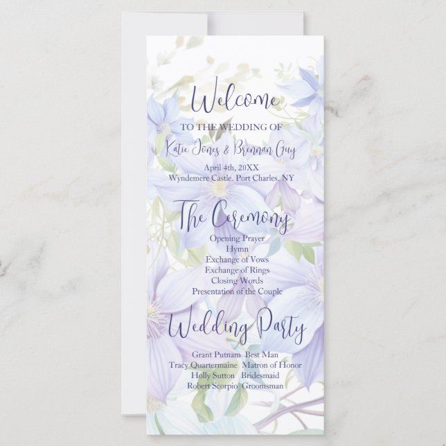 Elegant Periwinkle Clematis Hochzeitsprogramm (Vorderseite)