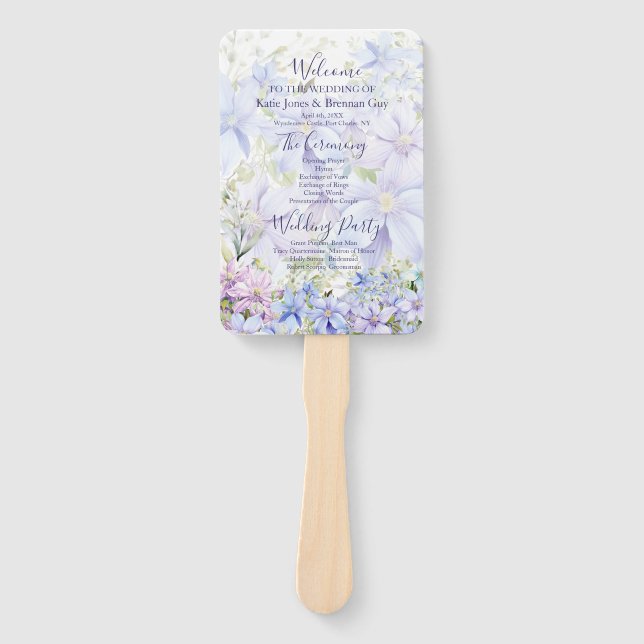 Elegant Periwinkle Clematis Hochzeitsprogramm Fächer (Vorderseite)