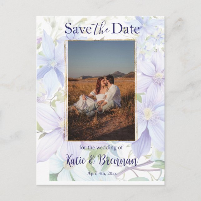 Elegant Periwinkle Clematis Save the Date Foto Postkarte (Vorderseite)