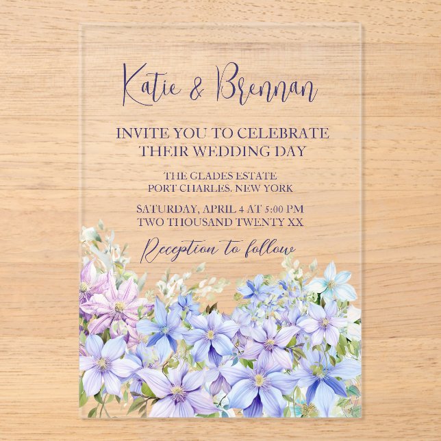 Elegant Periwinkle Clematis Wedding Acryleinladungen (Vorderseite)