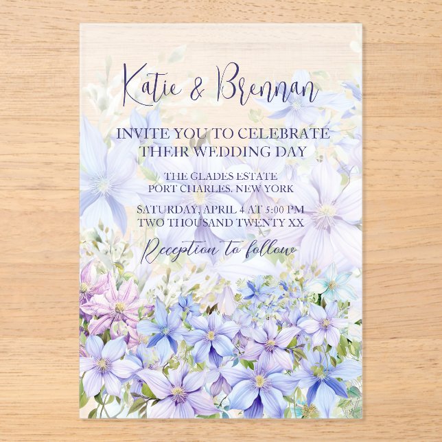 Elegant Periwinkle Clematis Wedding Acryleinladungen (Vorderseite)